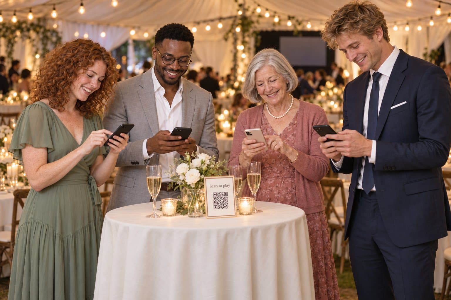 Wedding guests at a standing table scanning a QR code with their phones.