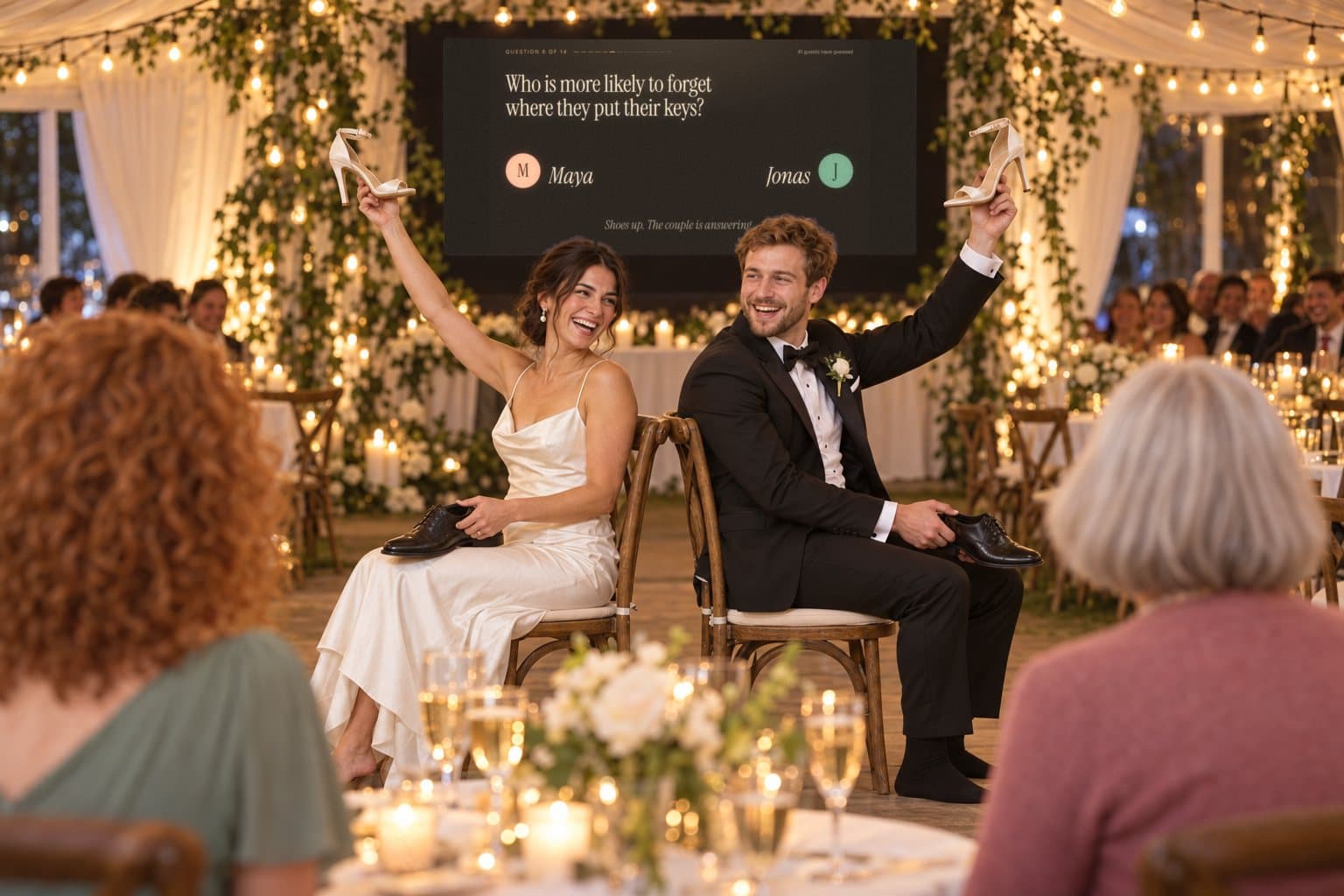 The couple sitting back to back on stage, each raising a shoe.
