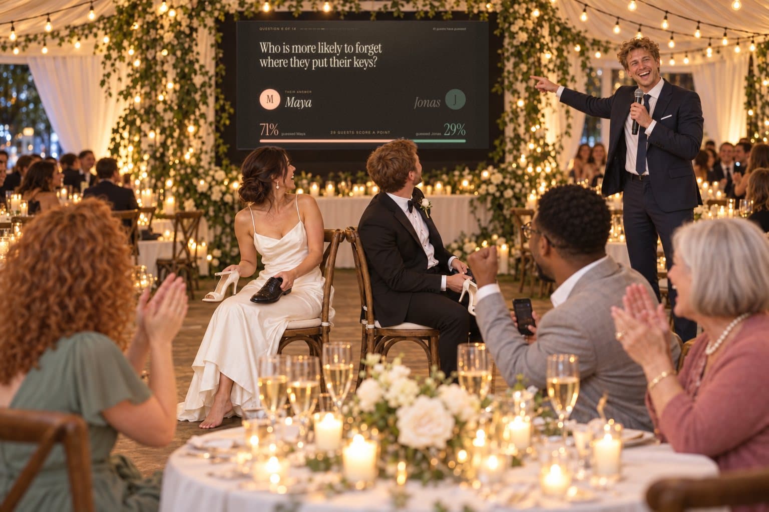 Guests watching the answers appear on a big screen.