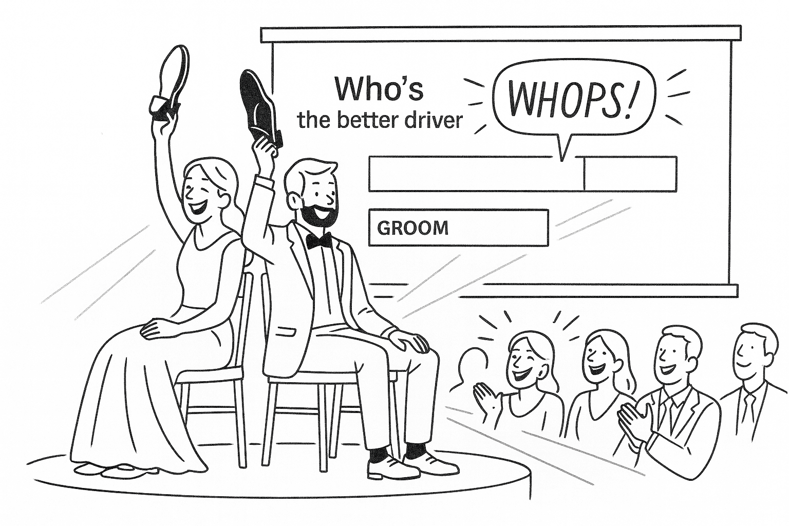 Live scoreboard on a projector revealing the winning answer while guests cheer.