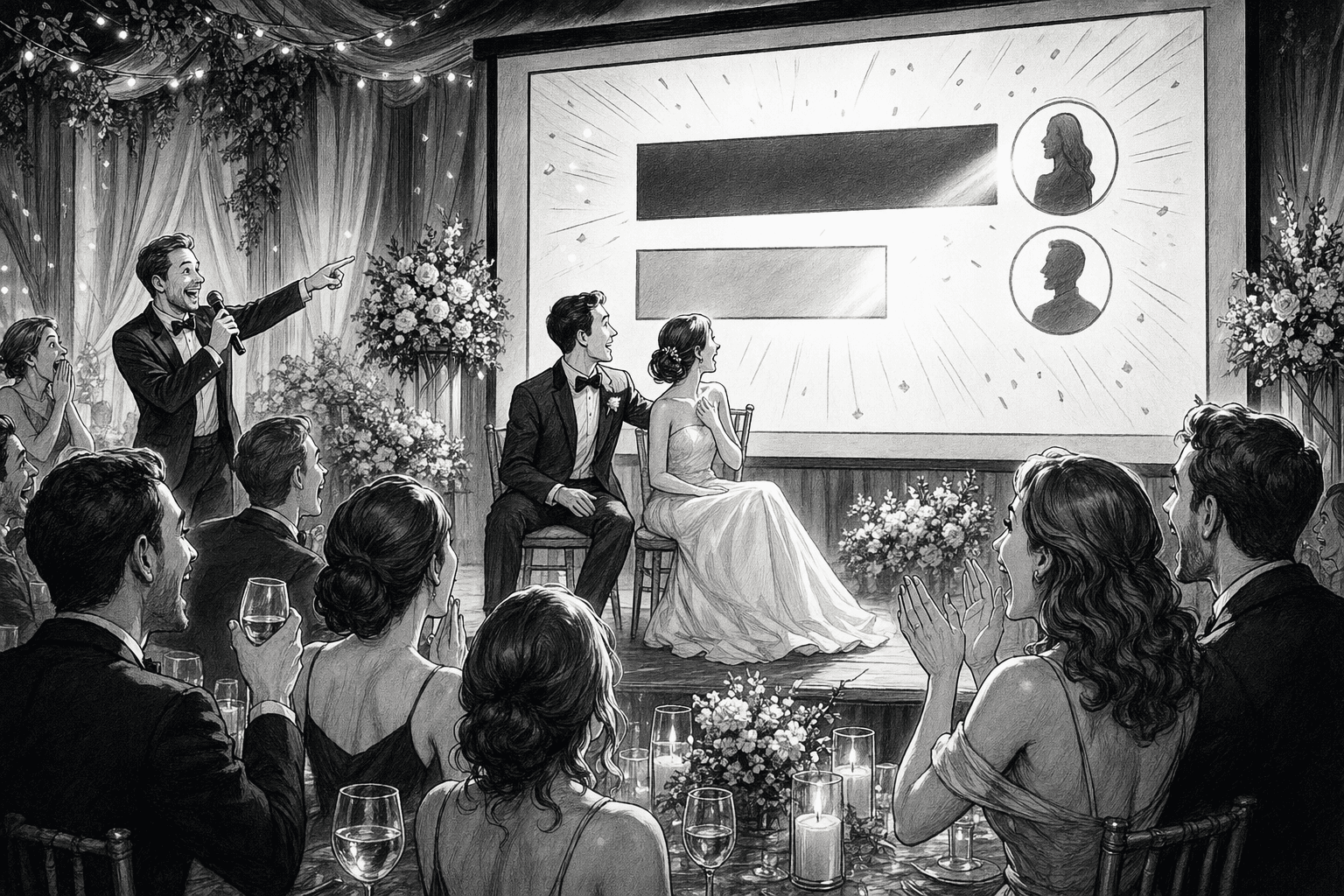 Live scoreboard on a projector revealing the winning answer while guests cheer.